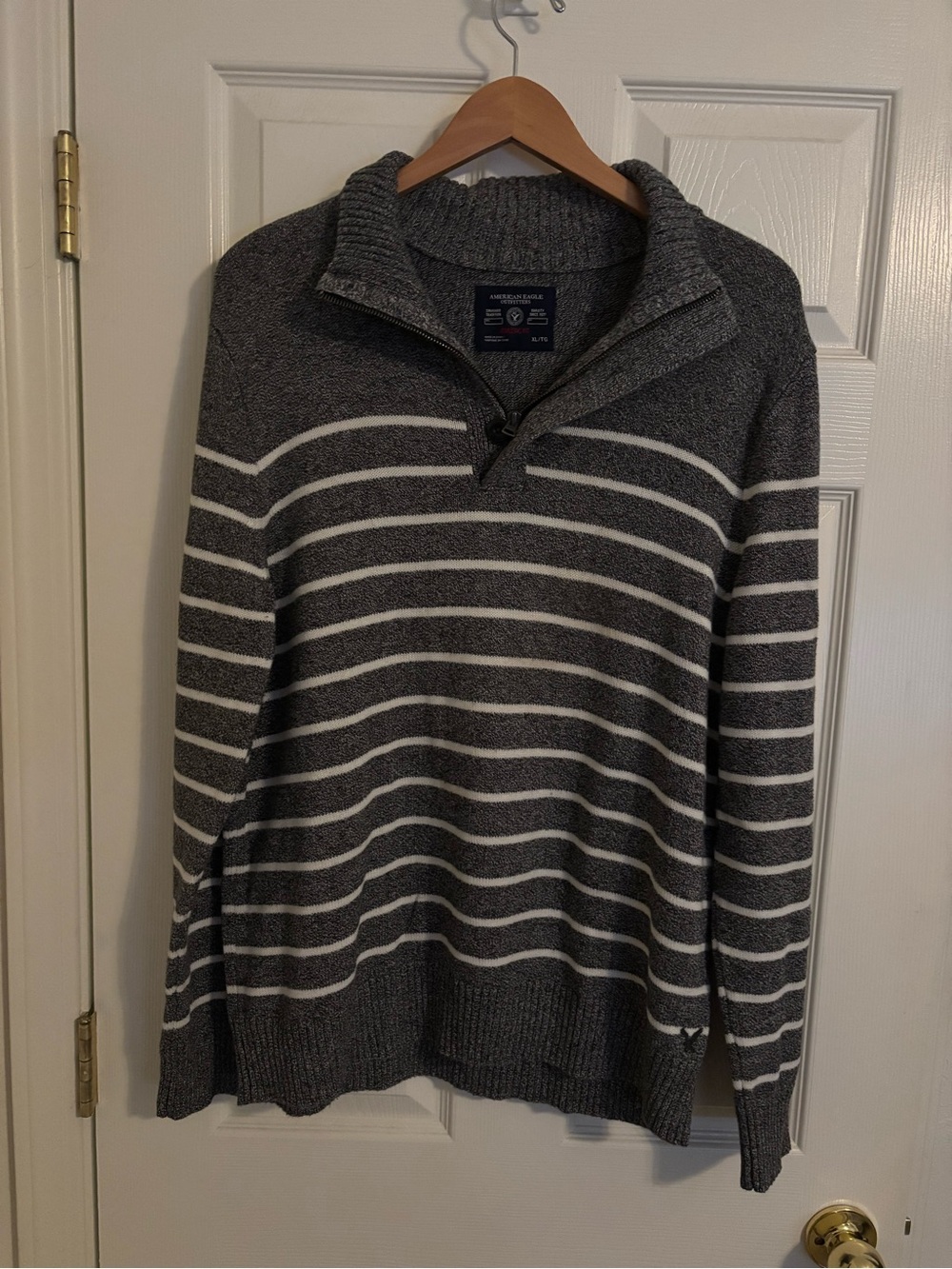 American Eagle Outfitters Men's Charcoal and White Striped Zip-Neck Sweater